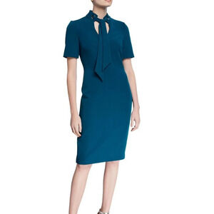 Badgley Mischka Blue Mandarin Collar Tie Neck Short Sleeve Sheath Dress Size 10